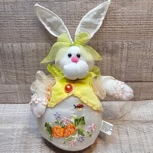 Easter Bunny Plush Tier Tray Decor Shelf Sitter Yellow Vest Bow Embroidered 9"